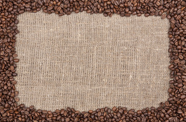 coffee beans frame on burlap lighter