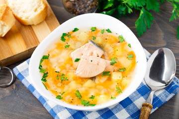 Healthy fish soup made of salmon