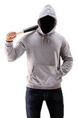 Man in a hoodie holding a baseball bat