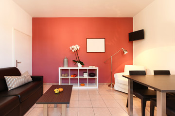 interior of apartment, living room with red wall