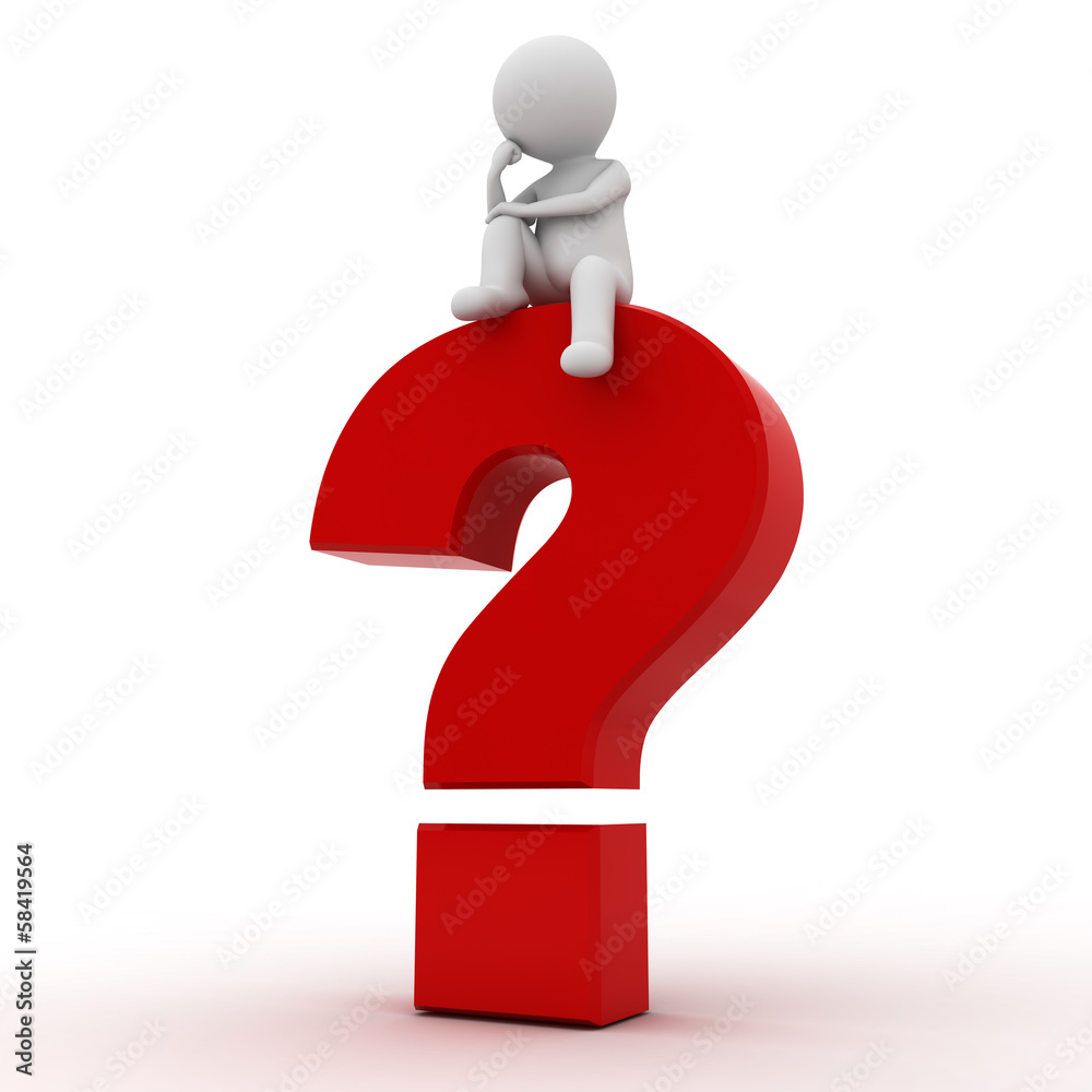 Poster 3d man thinking on red question mark over white background