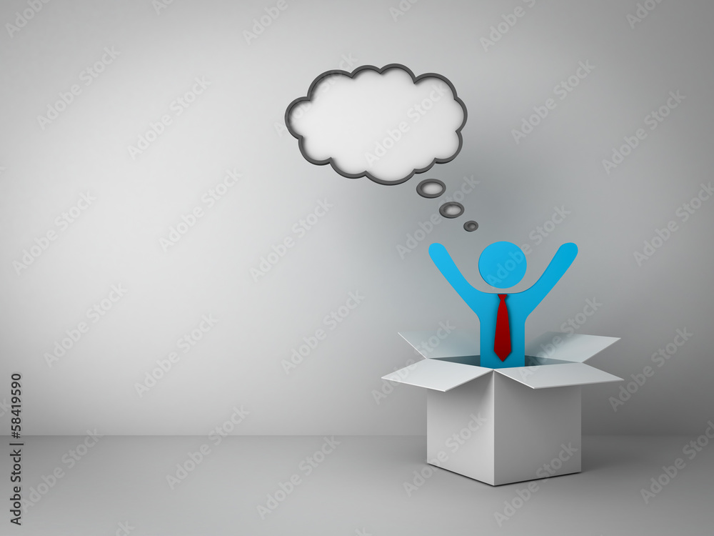 Poster think outside the box concept man standing arms open in box