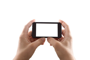 Holding mobile smartphone with blank screen