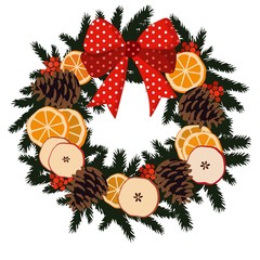 Traditional realistic christmas wreath with ribbon, vector