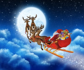 Santa Claus on reindeer flying through the sky