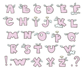 Winged alphabet. Cute flying letters. Vector EPS 10.