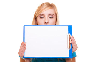 Fototapeta premium woman college student girl holds clipboard with blank