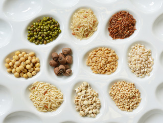 Cereals, seeds, beans - border on white background