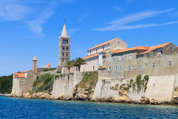 Fototapeta na wymiar Croatian island of Rab, view on city and fortifications, Croatia