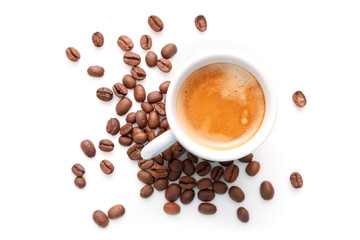 Small espresso cup with coffee beans isolated on white - Powered by Adobe
