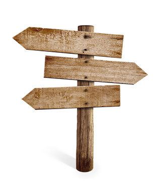 wooden arrow sign post or road signpost isolated