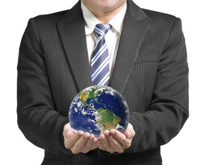 Businessman hold ball with global map isolated in white backgrou