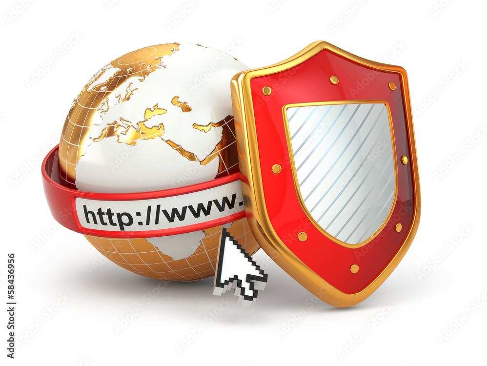 Poster Internet security. Earth, browser address line and shield.