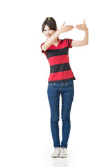 Young beautiful asian woman shows hands