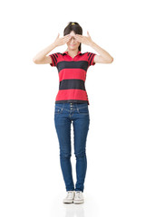 Young asian woman cover her eyes