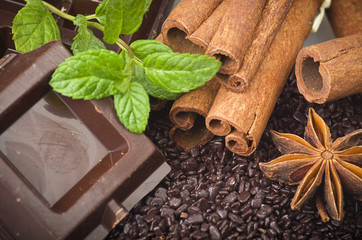 Closeup detail of chocolate parts on white background.