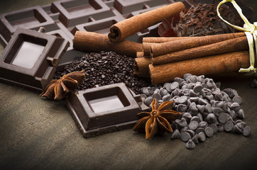 Closeup detail of chocolate parts on white background.