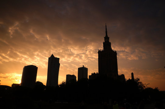 Sunset of city center in Warsaw, Poland