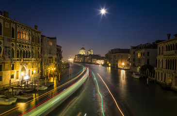 Night View of Venice with Blurred Motion of Boats
