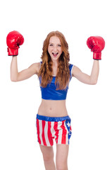 Woman boxer in uniform with US symbols