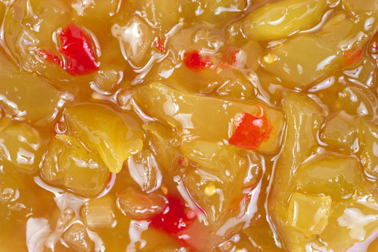 A very close view of green tomato piccalilli