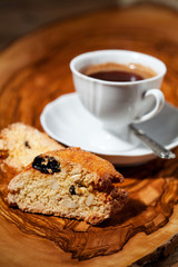 Traditional Italian cantuccini cookies and cup of coffee