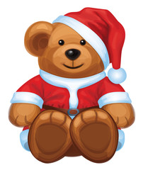 Vector of cute brown bear in red Santa's costume isolated.