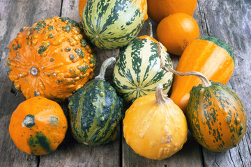 Pumpkins on a wooden table , backrounds