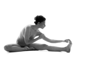 Fotobehang Black and white image of naked woman doing yoga © Wisky