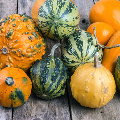 Pumpkins on a wooden table , backrounds