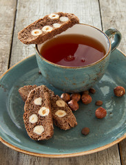 Chocolate biscotti with a mocha and nuts.