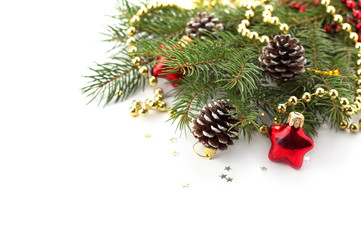 Spruce with decorations on white background.