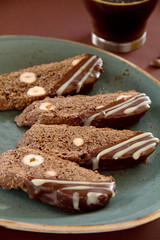 Chocolate biscotti with a mocha and nuts.