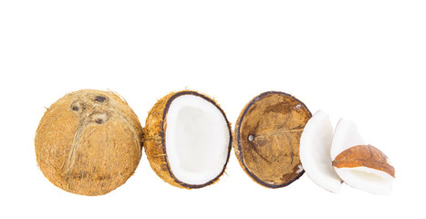 Coconut and coconut flesh over white background