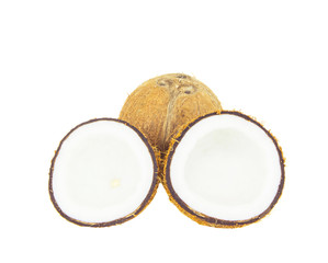 Coconut and coconut flesh over white background