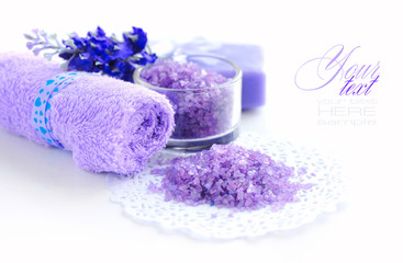Sea lavender bath salt on white. Spa concept