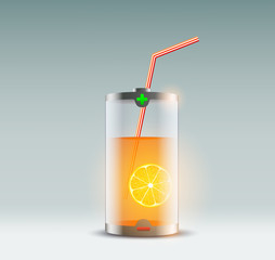 orange juice in a glass in the form of a battery