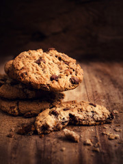 Pile of Chocolate cookies  on wooden table.