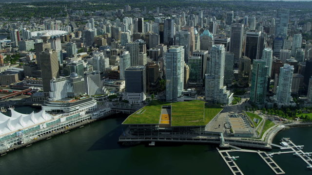 Aerial city view of Canada Place cruise terminal,  Vancouver