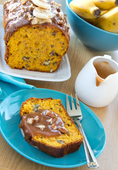 Freshly baked homemade banana bread with pumpkin and pecan.
