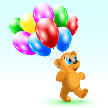 Illustration funny bear with balloons. Birthday.