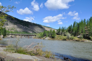 Bridge over the mountain river in Yakutia.