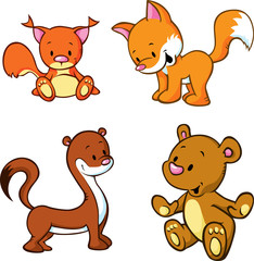 Plakat fox, bear, weasel and squirrel - cute animals cartoon