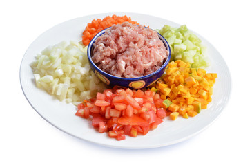 Diced courgette,Carrots, pumpkin, onion, tomatoes, cucumber, min