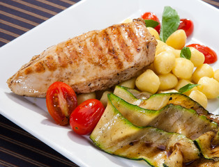 Grilled chicken breast w grilled aubergine and gnocchi
