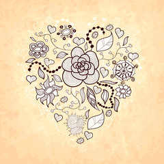 Floral doodle heart, of flowers, leaves, ladybug