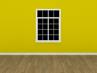 the window on the yellow wall in a empty room