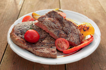Kobe beef ribeye steak with grilled vegetables