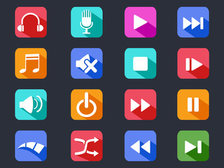 flat media button long shadow icons
