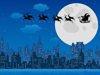 Santa's sleigh over urban skyline